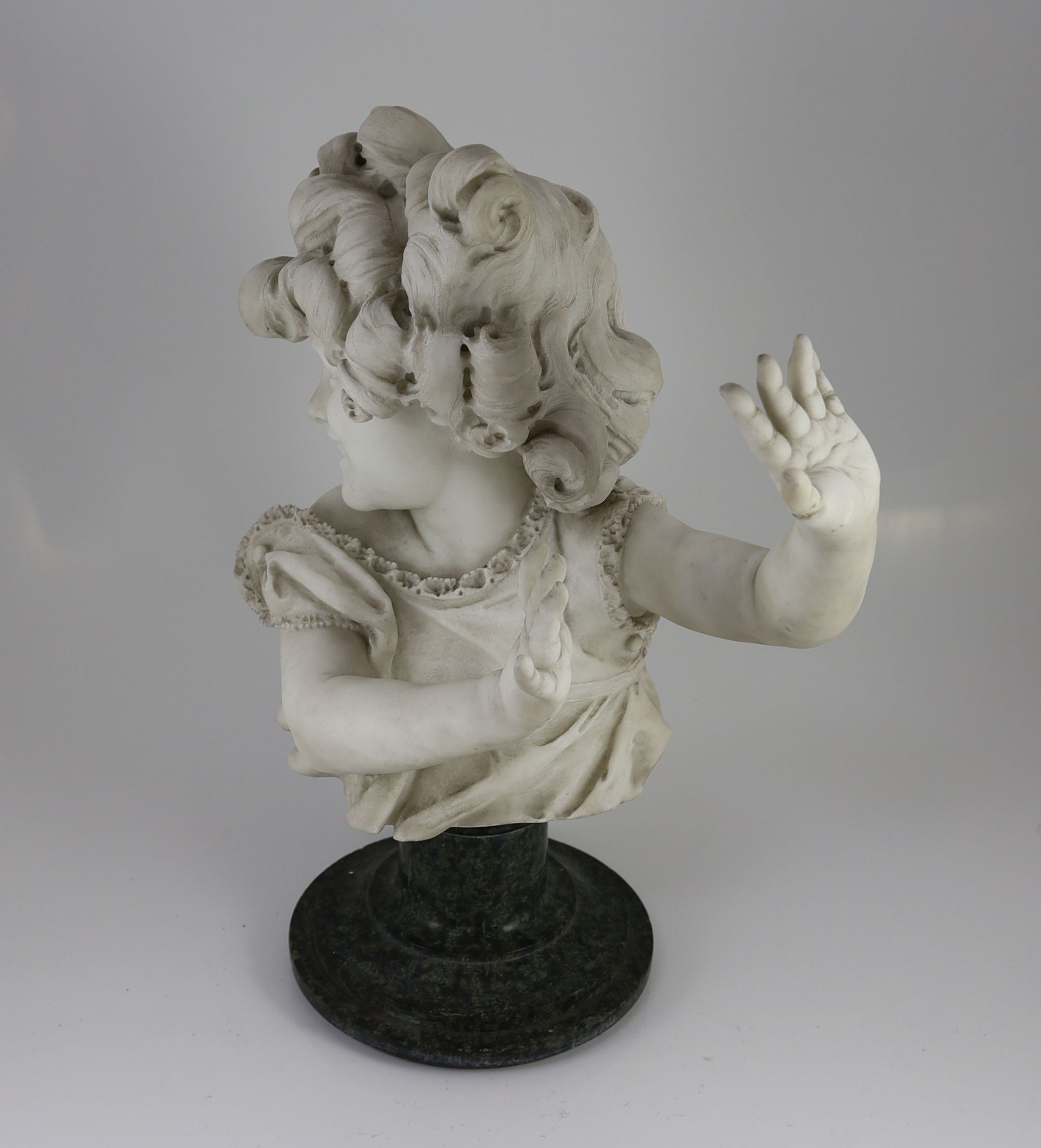 A late 19th / early 20th century Italian white marble bust of a girl with raised hands, height 51cm